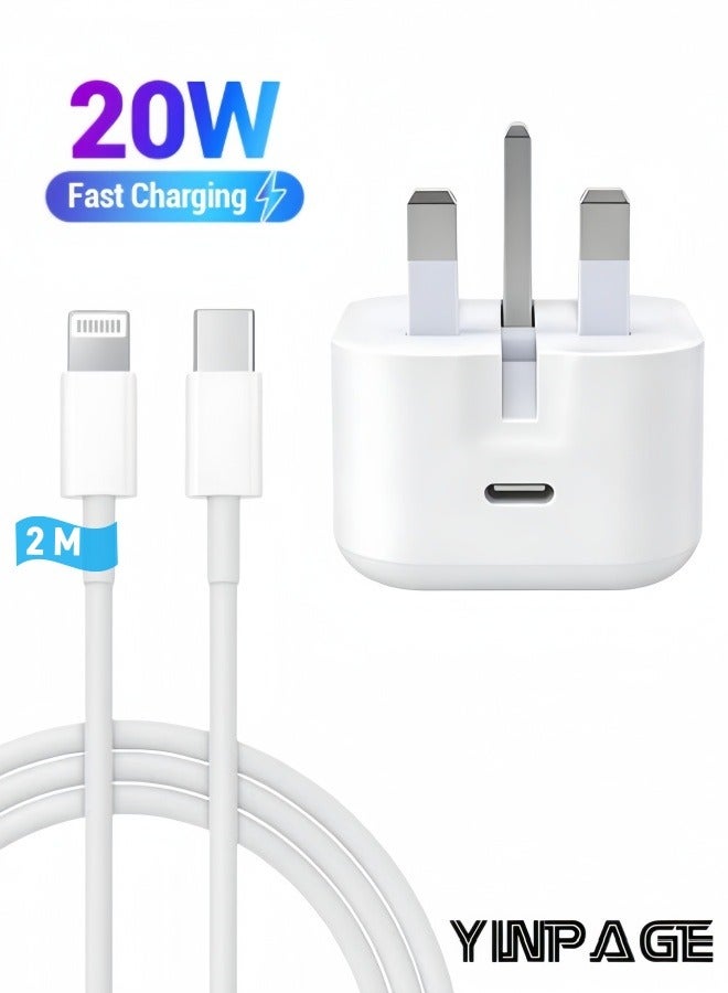 YINPAGE 20W PD Fast Charger Kit with 2M Lightning Cable, USB-C Wall Adapter Compatible with iPhone 14/13/12/11/XR/XS/SE & iPad Series – White - Image 1